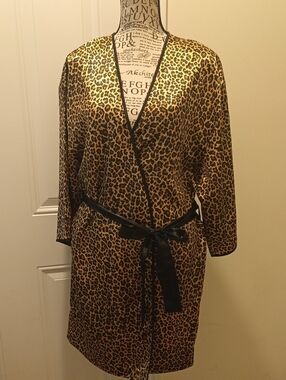 Secret Treasures Leopard Satin Wrap Robe in Gold and Black Trim